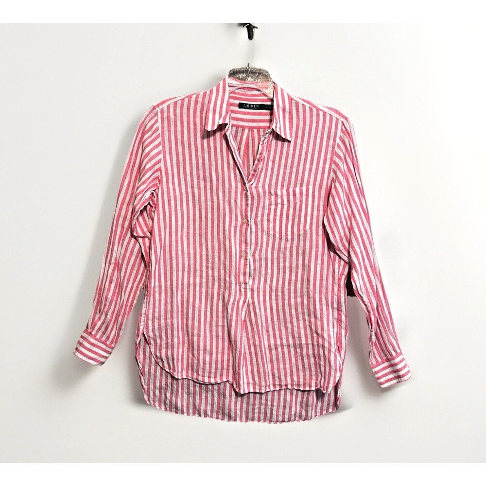 Lauren Ralph Lauren 100% Linen Popover Top Pink Striped Coastal Beach Womens M